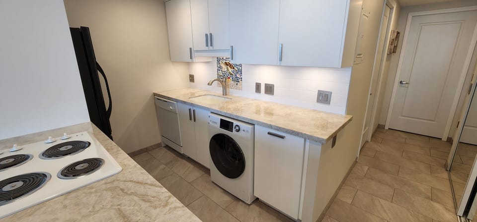 Washer, dryer, full sized cooktop, refrigerator, oven and granite counters