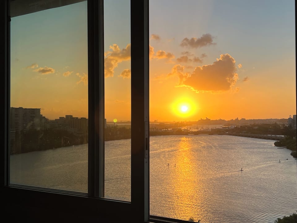 Sun setting view from living room window.