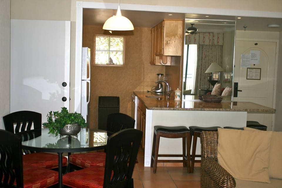 The newly renovated kitchen features an expanded counter and extra eating space!