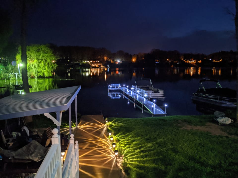 Dock, pavilion & water evening view