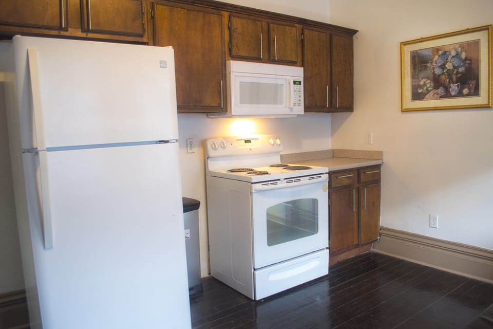Fully stocked kitchen.