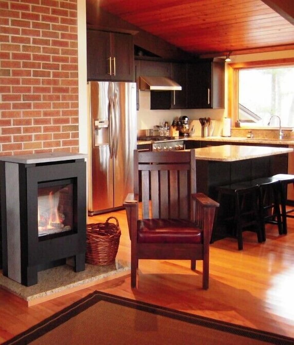 Blazing fire in contemporary fireplace/stove