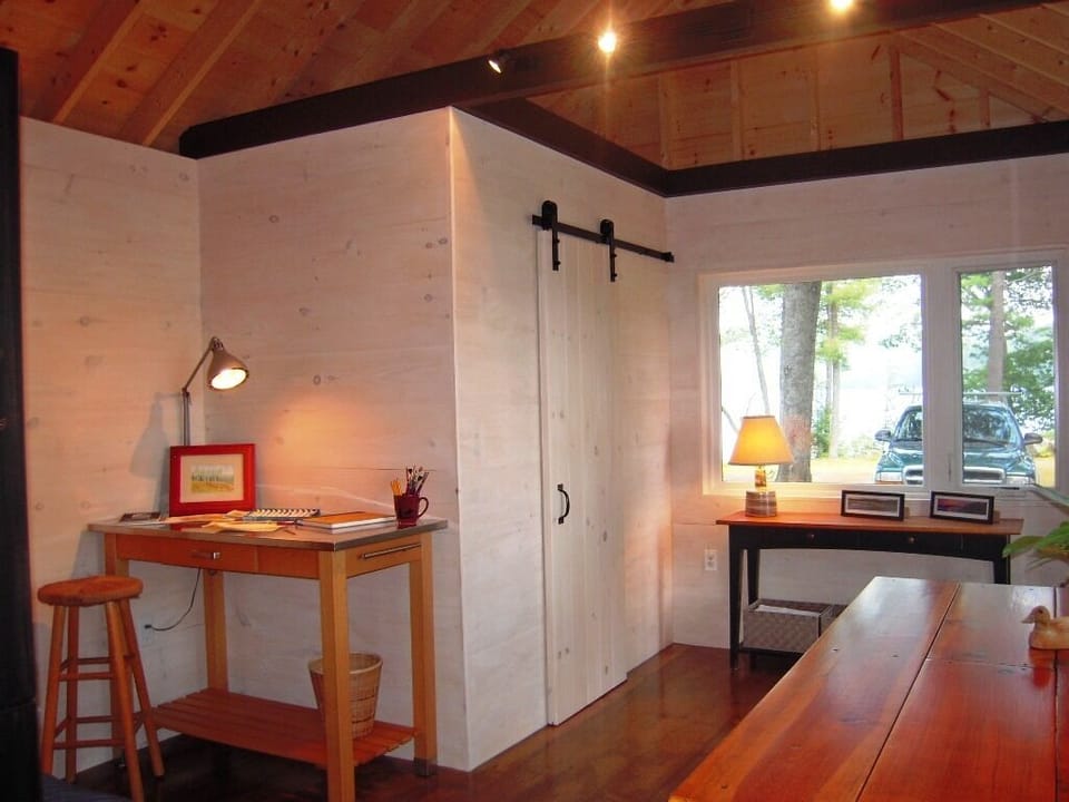 Art table-game table sliding door to 1/2 bath