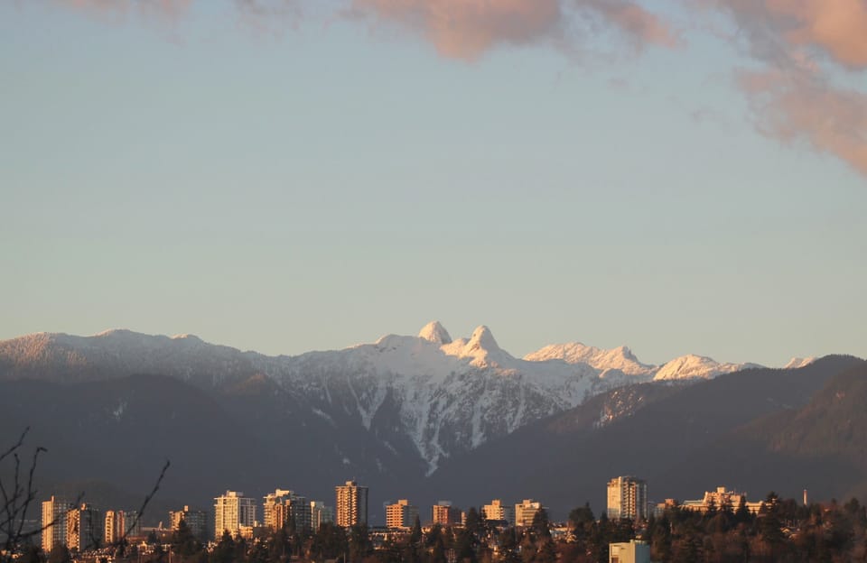 Neighbourhood view of the mountains featuring the twin peaks of 'The Lions'