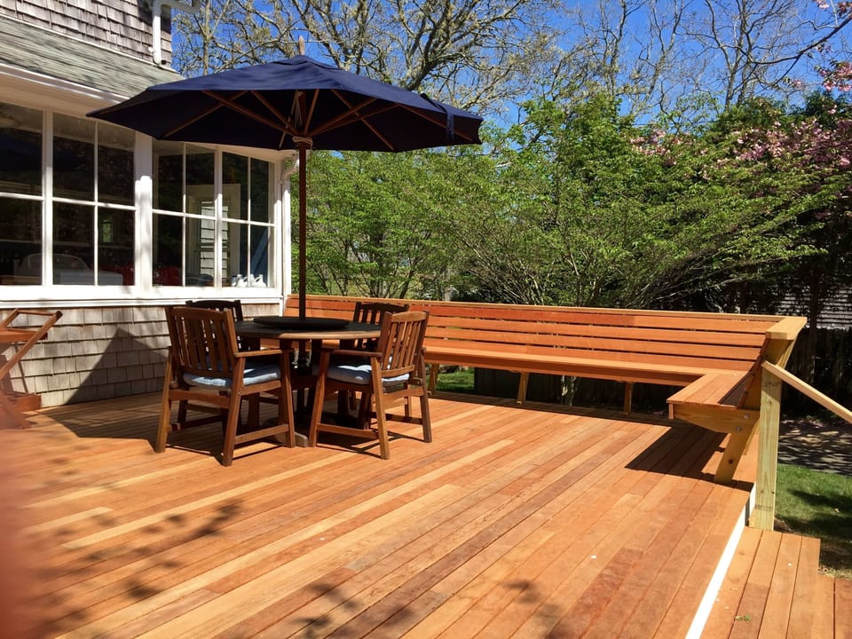 New spacious mahogany deck with grill. Our guests favorite place to be