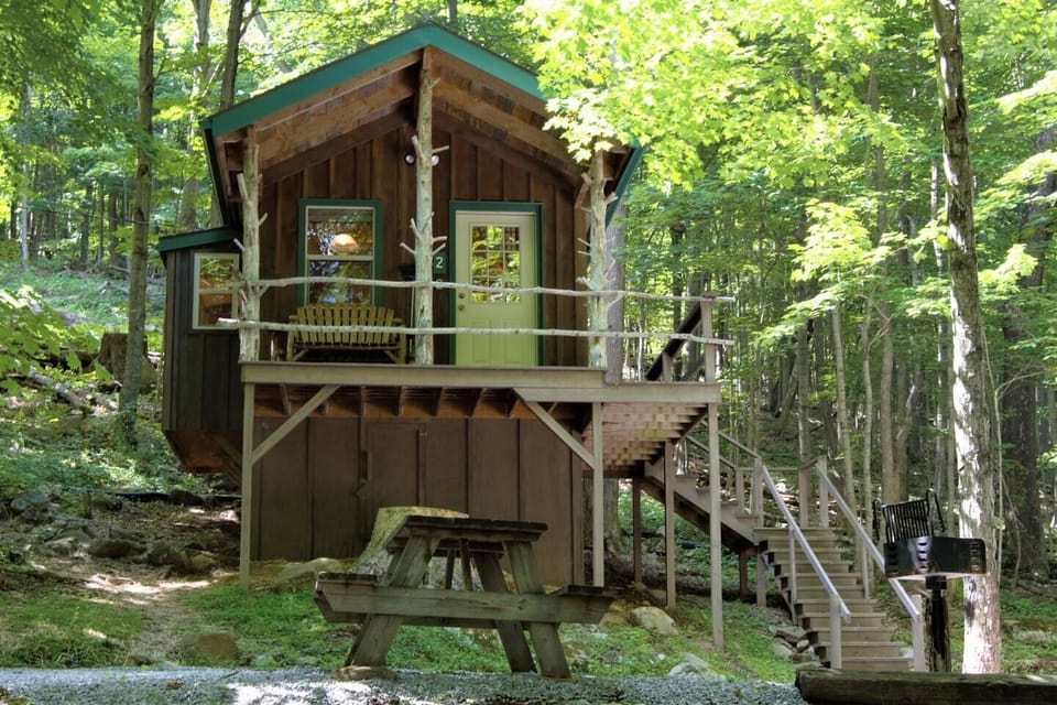 Looking up at the cabin from the woods below.