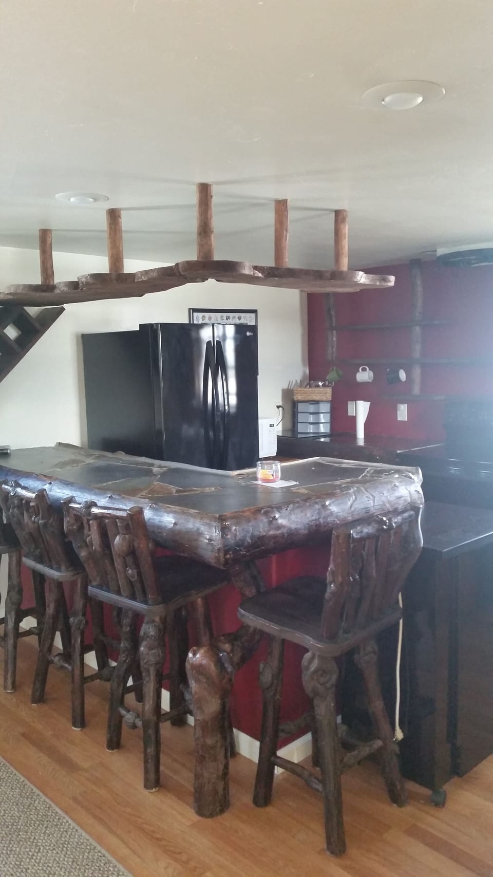 Kitchen bar. French door refridgerator.