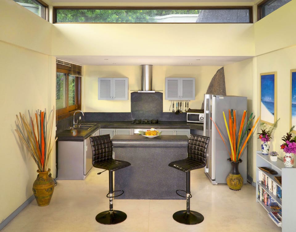 Modern kitchen with fridge, freezer, electric oven, gas hob, microwave, etc