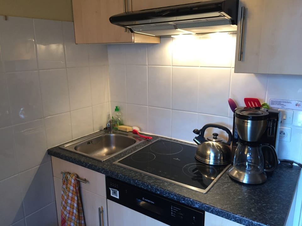 Kitchen Area with dish washer, hob, coffee maker and lots of cutlery etc