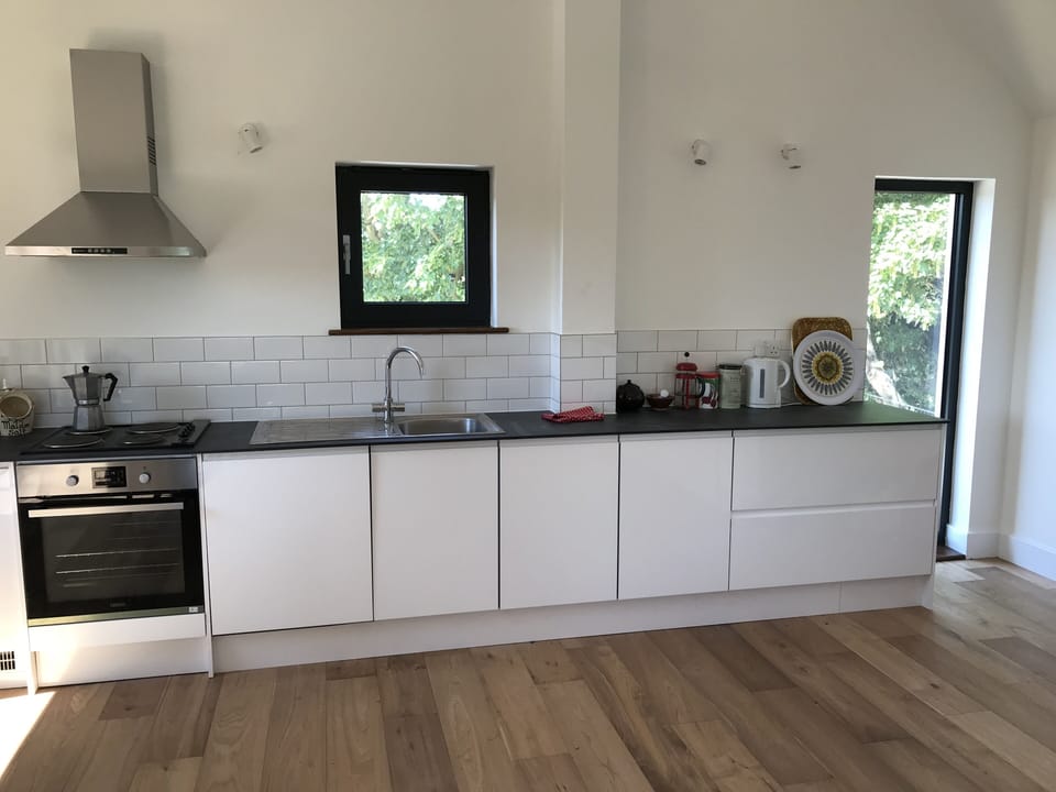 The kitchen, equipped with dishwasher, fridge, freezer and microwave