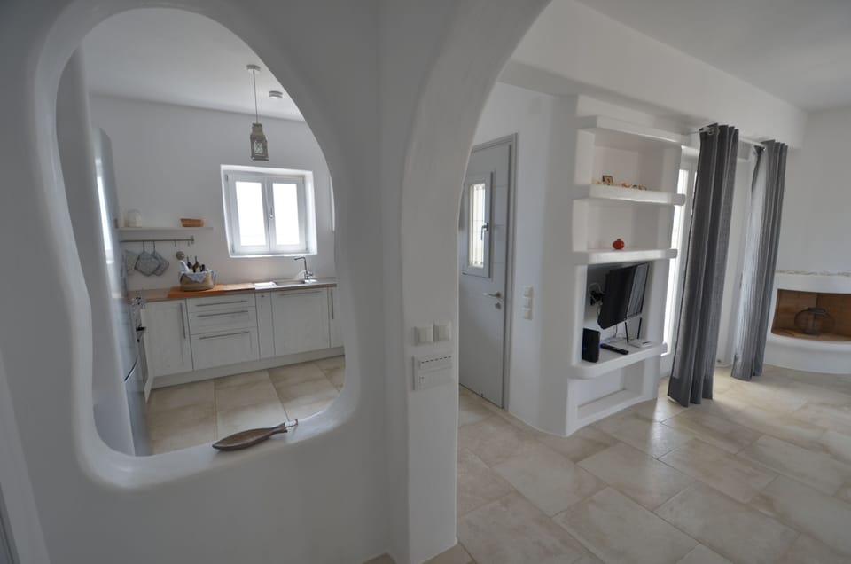 The entrance area and the open kitchen.
