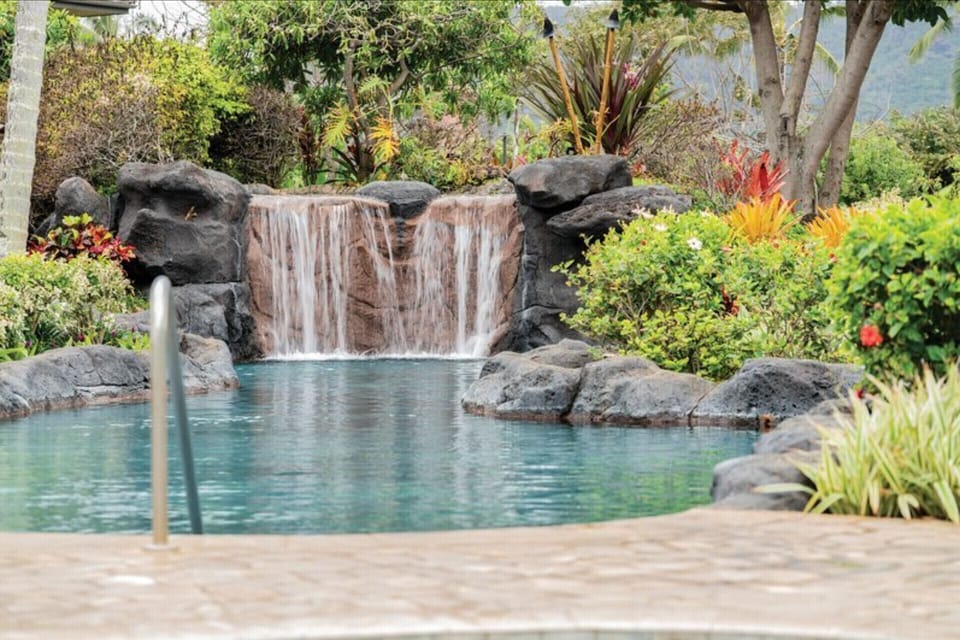 Outdoor Pool with Waterfall and Hot Tub