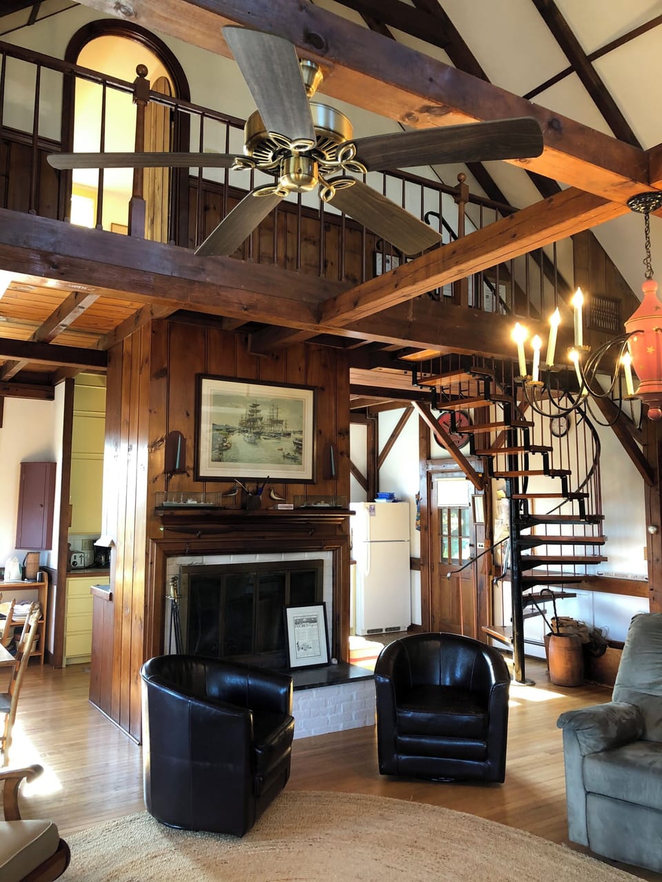 Working fireplace and stair to loft