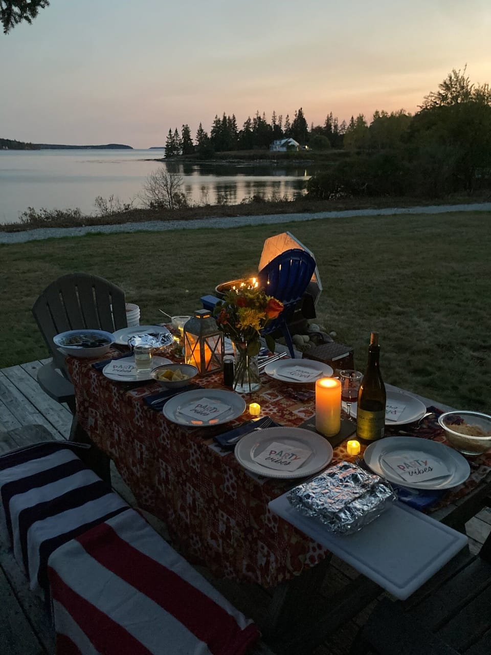 Our 30 by 40-Foot shore deck with a propane fire pit makes a great dinner spot.