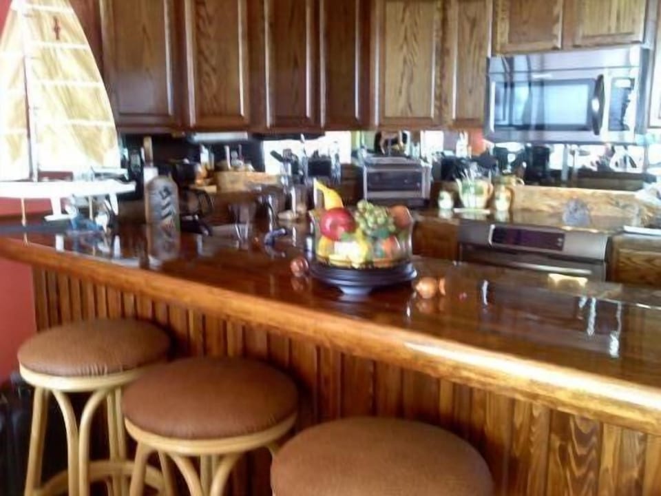 Kitchen with custom cypress bar, stainless steel appliances, granite countertops