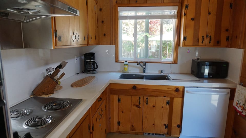 Quartz countertop kitchen with views to backyard. 