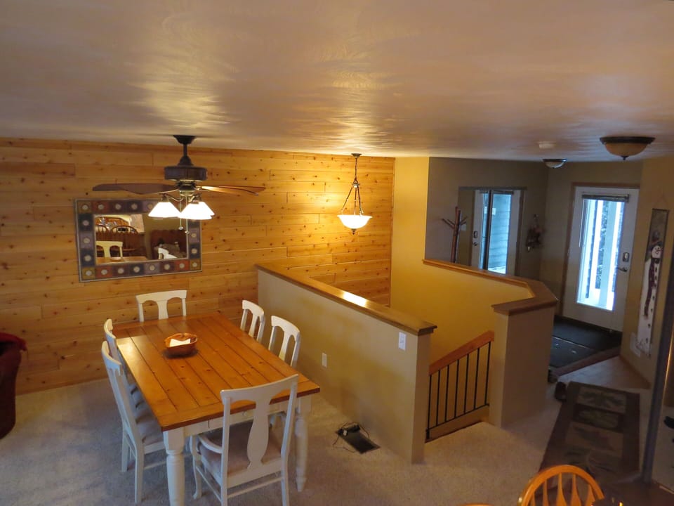 Dining Area, Steps to 2 Master Suites, lower deck, table, porch swing
