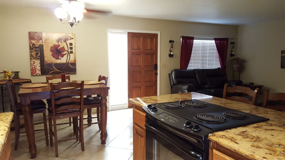 Kitchen, dining room and living room