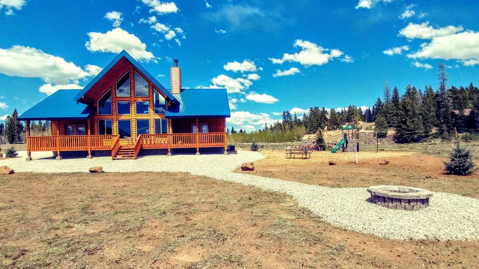 Meadow side... new playset and climbing dome surrounded by newly planted pines