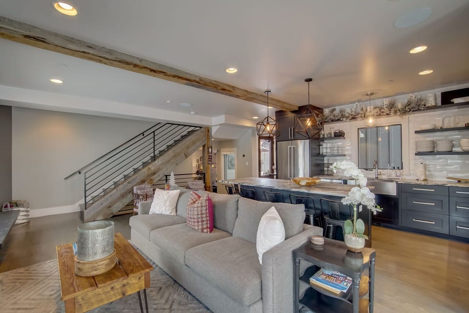 Family Room #1, 65" tv, seating area for 15, island seats 8, fireplace
