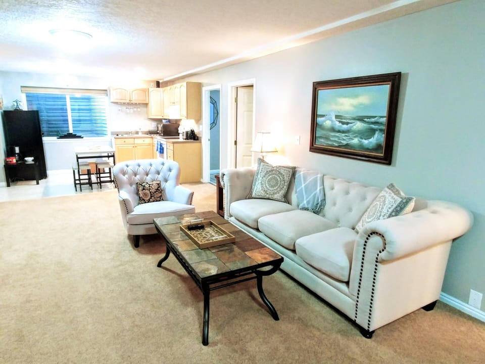 Huge living room with plenty of light, and tall ceilings. Open concept kitchen.