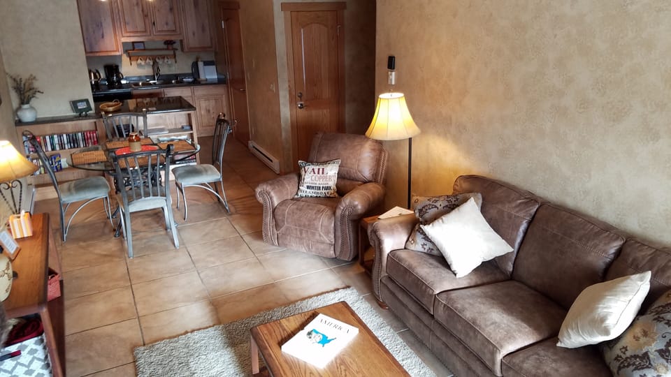 Living room  with brand new recliner and brand new queen sleeper (memory foam).