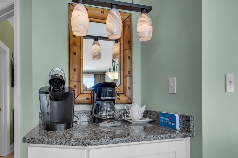 .Coffee bar with Mr. Coffee and Keurig coffee brewers.