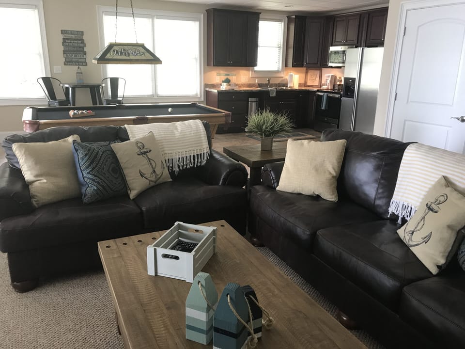 Lower level, living area, kitchen, pool table