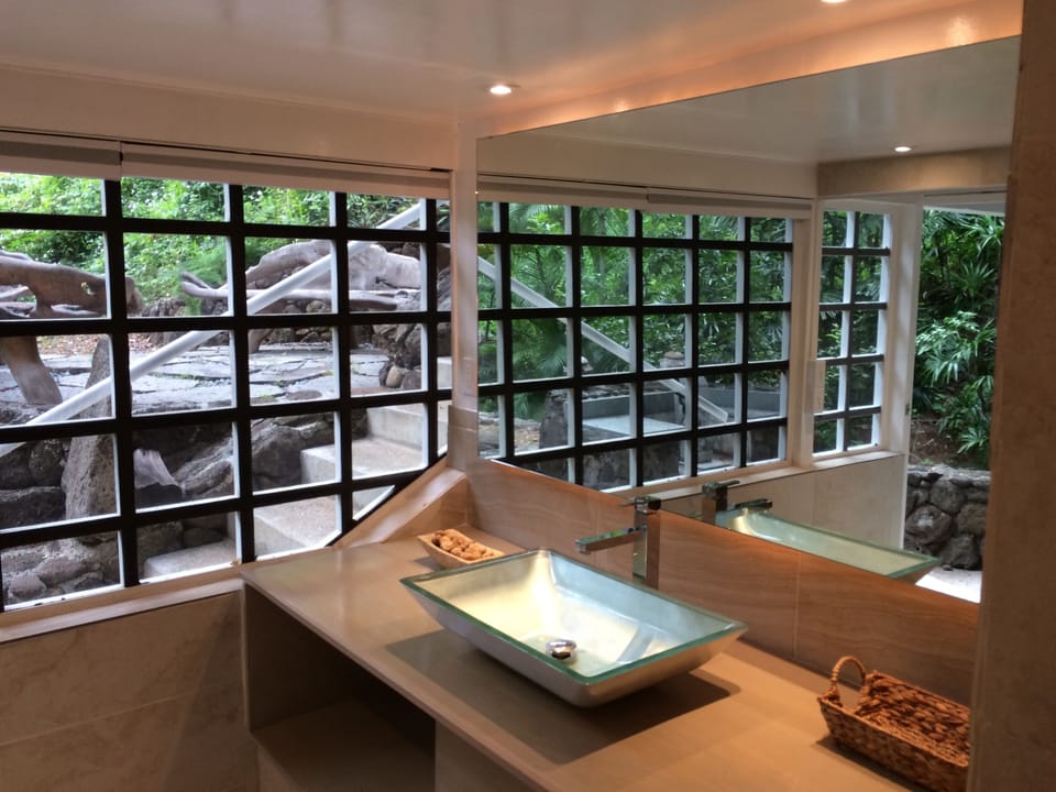 Lower floor screen-in bathroom has pull down binds for privacy and large mirror 
