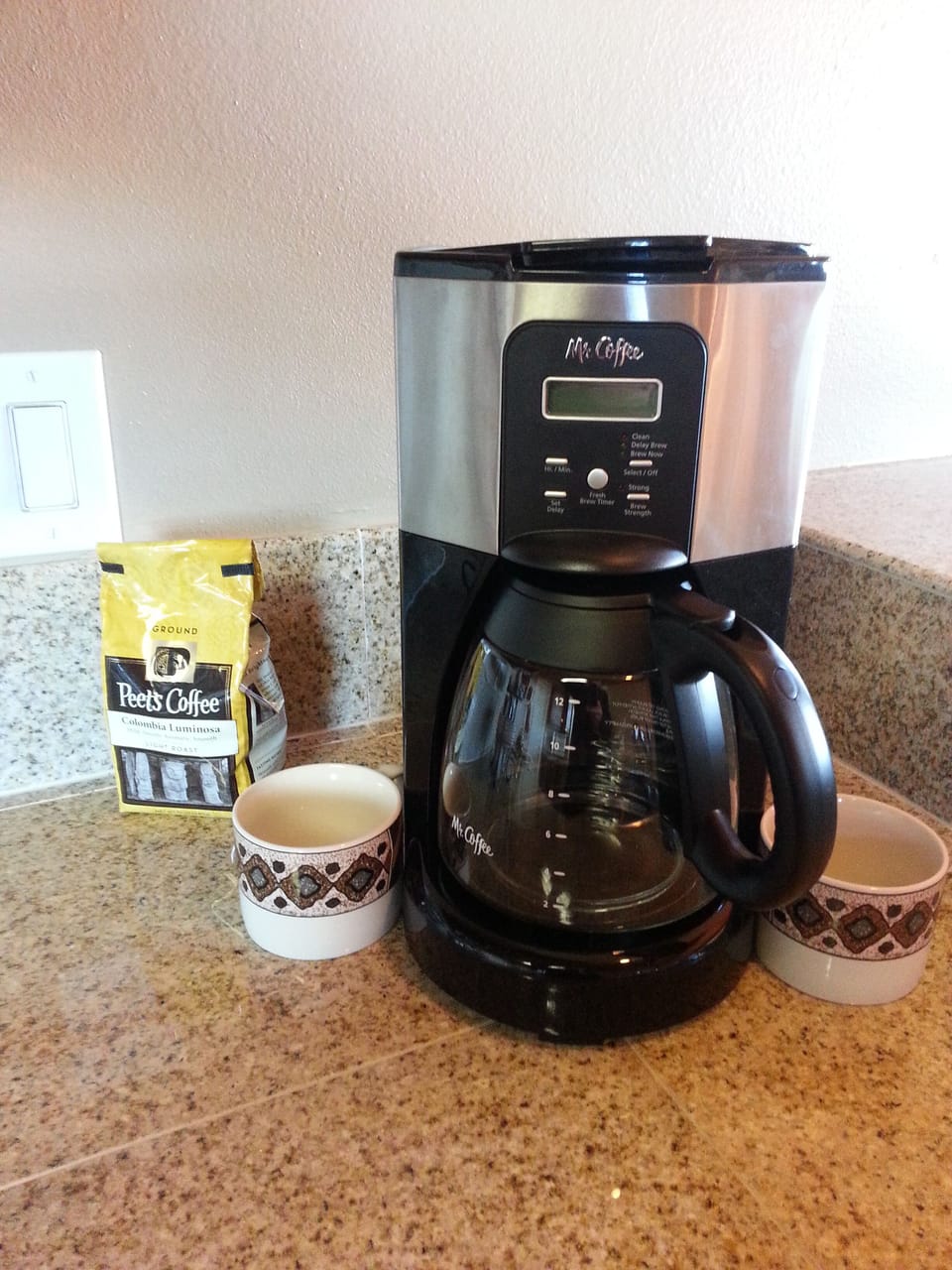 Keurig, Coffee and coffee syrups provided.