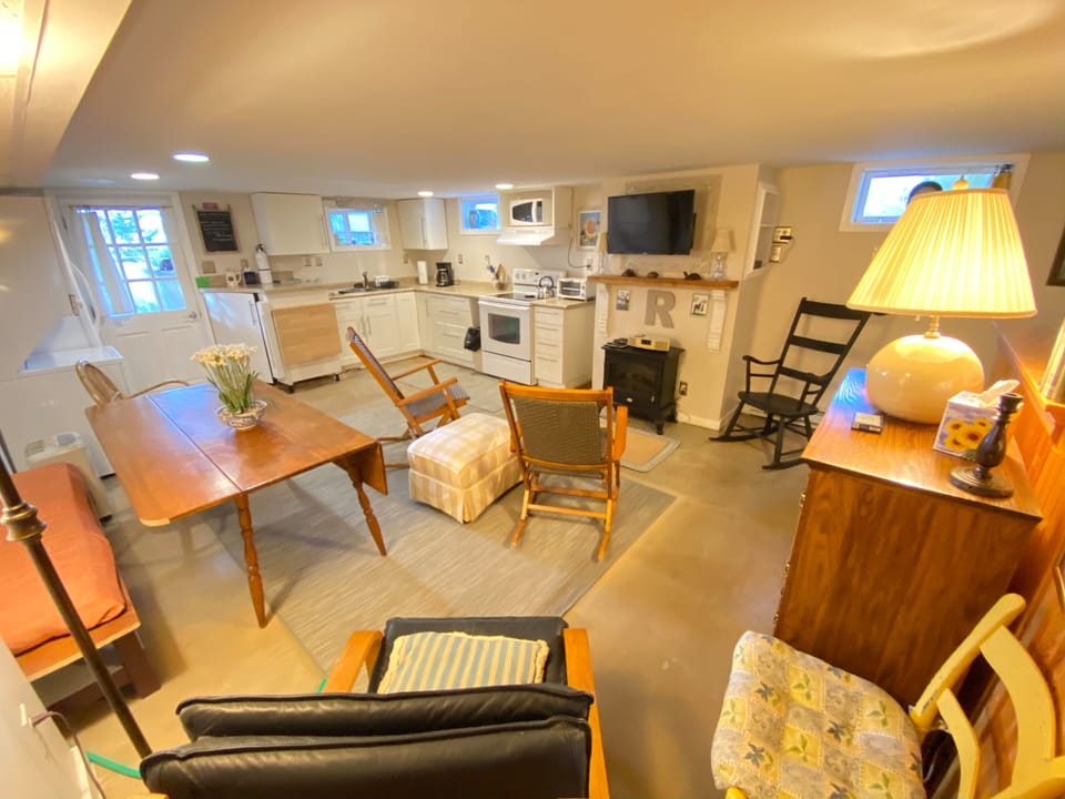 The lower level kitchen in the Rosalie apartment. 
