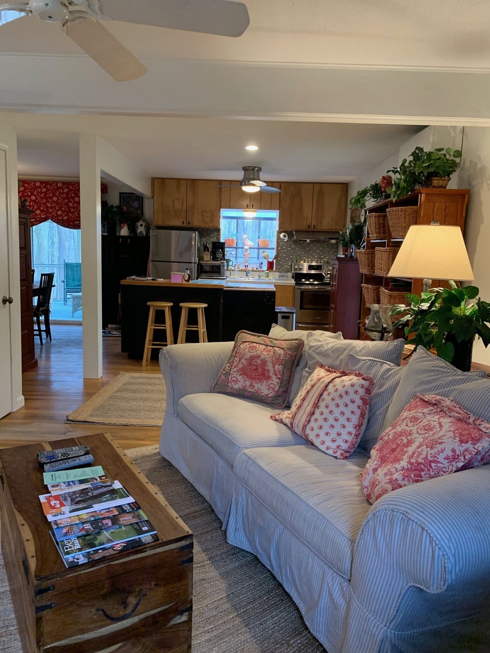 Looking from the living area into the kitchen area in this open space floor plan