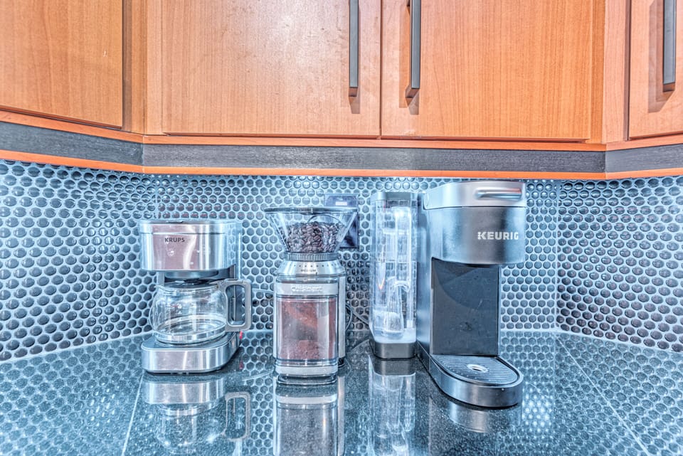 Enjoy morning coffee with a Keurig, a Krups drip machine and a grinder