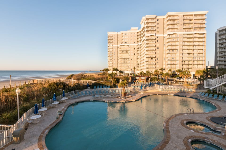 View of the South Tower.  Look at the pool, hot tubs, and the Beach!