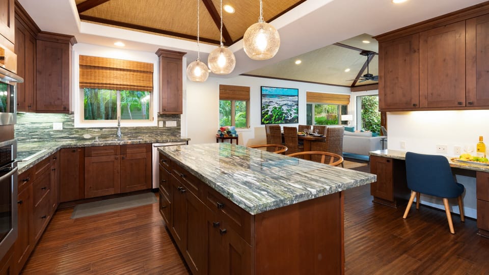 Large kitchen island provides additional seating