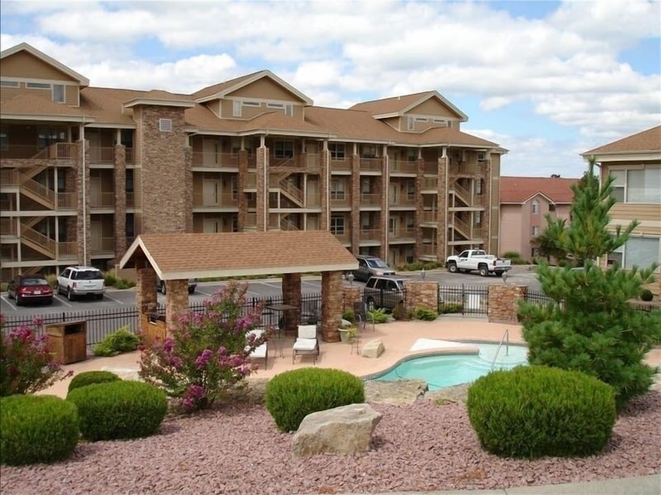 Front of  'The View' complex, also showing the pool and covered grille area.