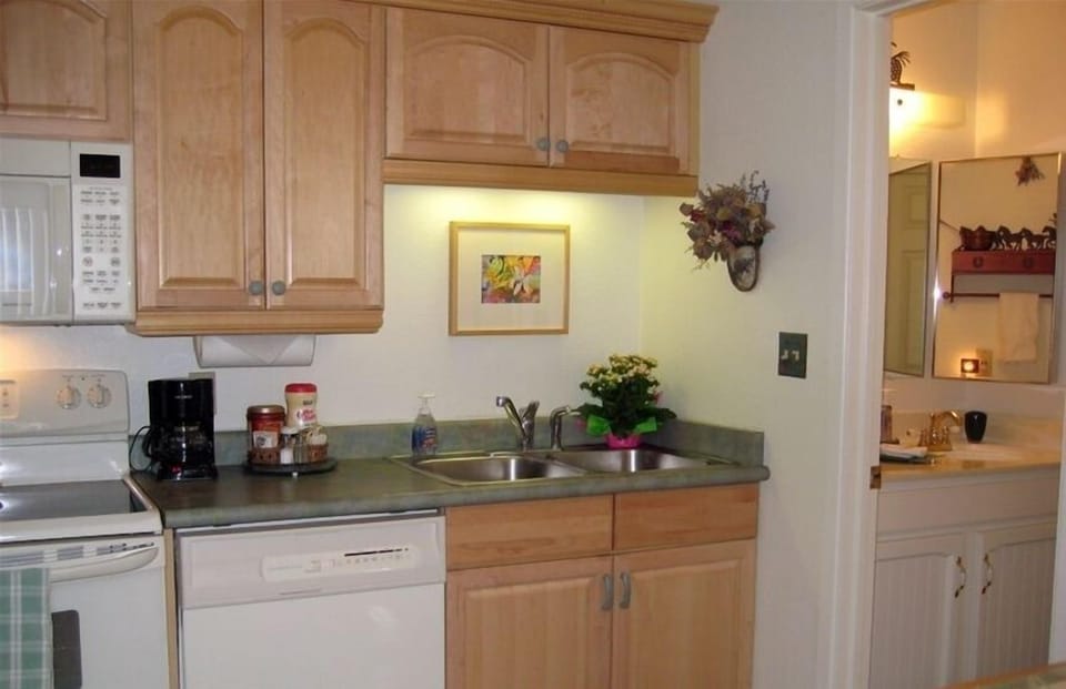 Red Pine Condo: Glimpse of 2nd vanity just off kitchen and new oven.