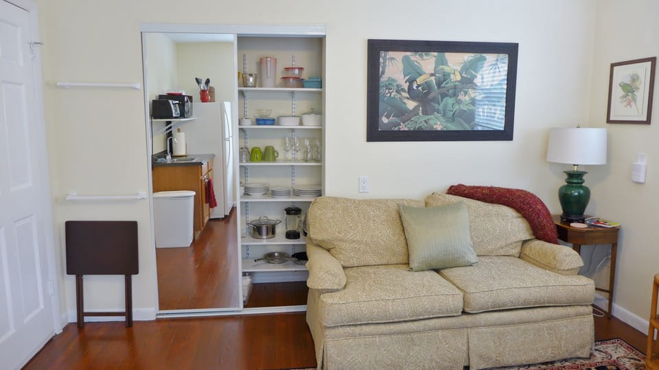  Mirrored closet with dishes, glasses, blender, pots, electric skillet, tray