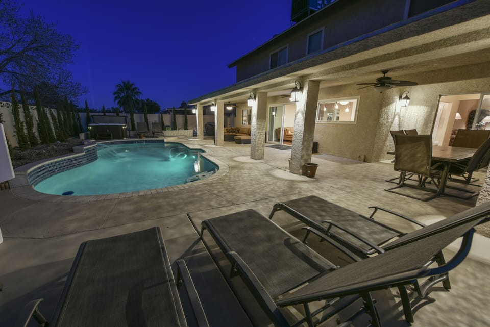 Private backyard with large covered patio