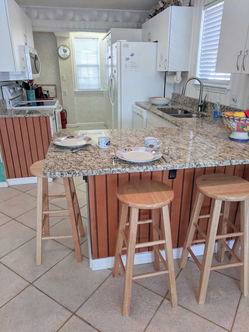 Kitchen, with large counter for food prep or extra seating