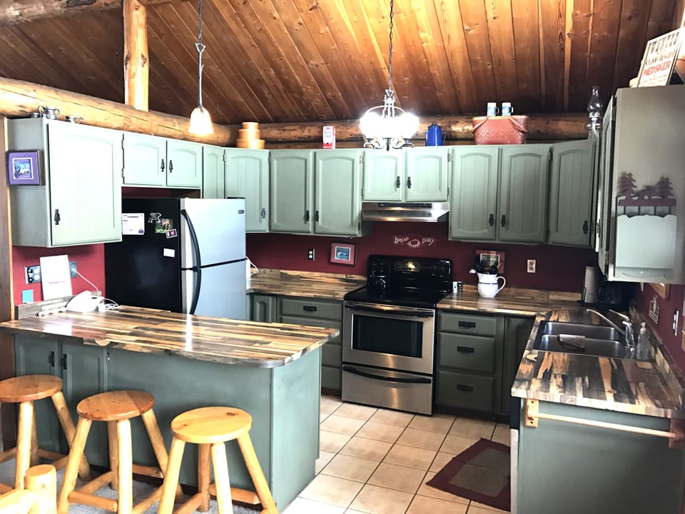 Kitchen and bar seating.