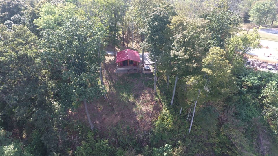 A drone's eye-view of the Hawk's Nest atop the bluff.