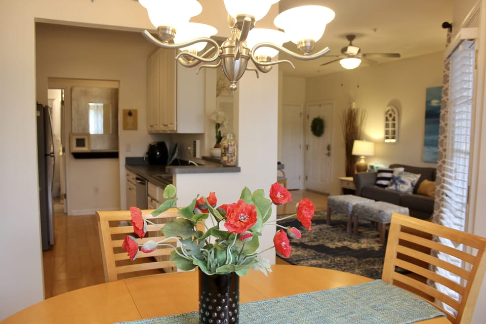 Open floor plan with dining room seating for six