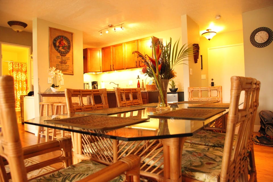 dining table and kitchen in background
