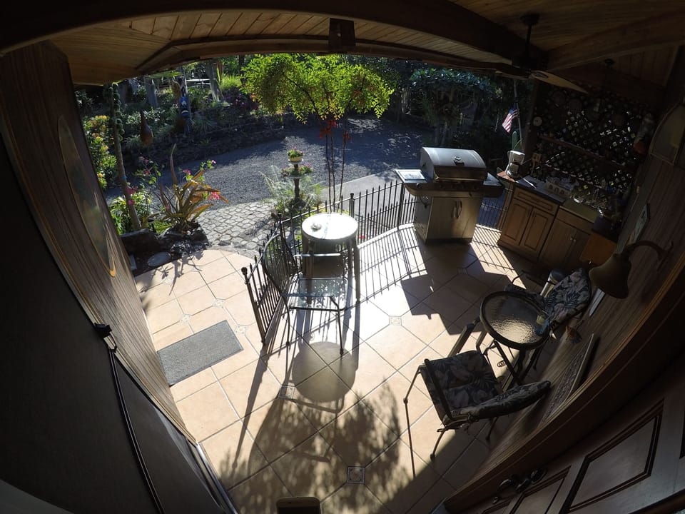Outdoor kitchen with garden view
