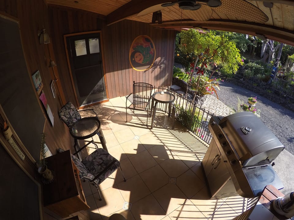 Outdoor kitchen with garden view