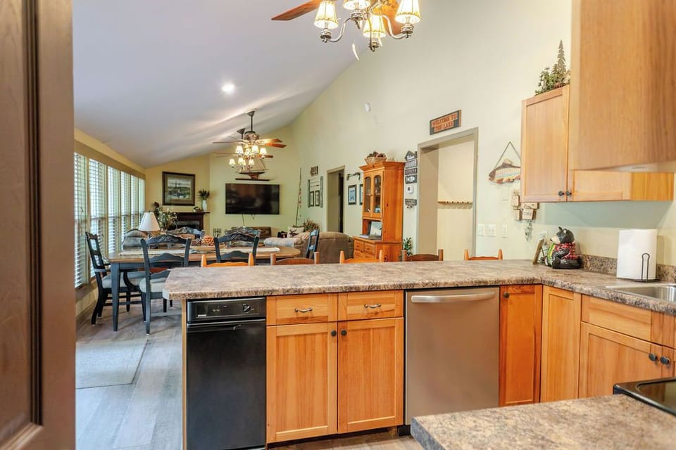 Looking from the kitchen to the great room and dining table