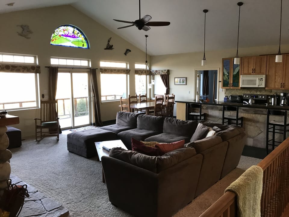 Spacious and cozy great room with super cozy couch