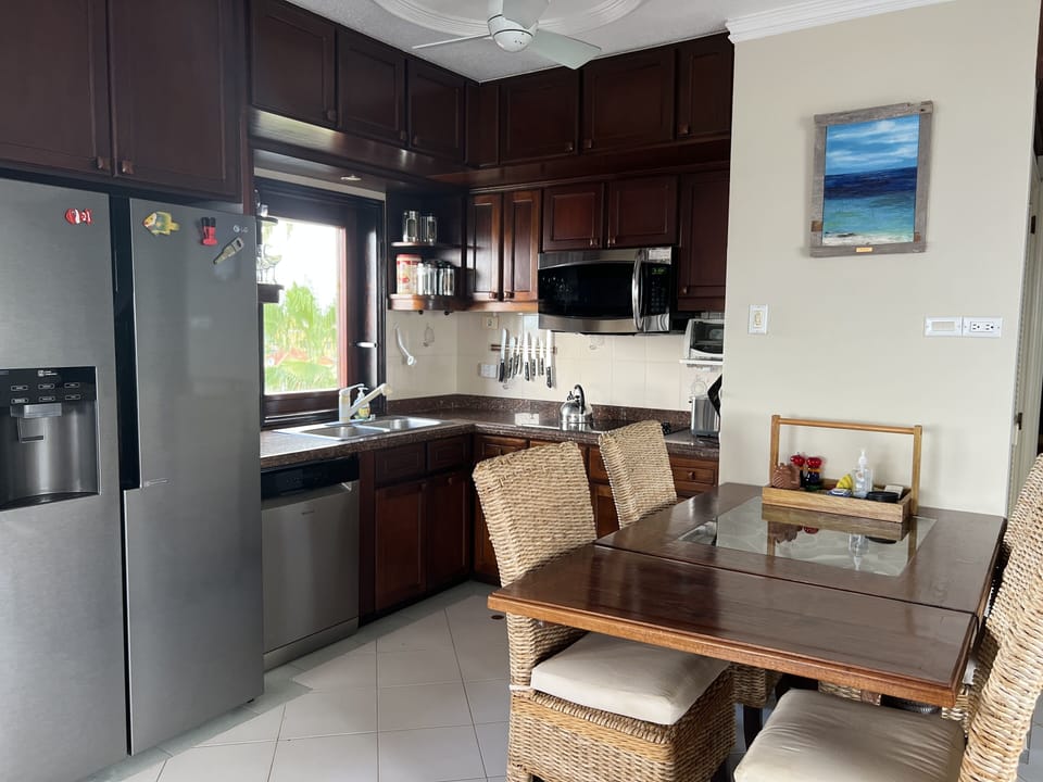 Inside dining is expandable to 8 seats, using extension leaves.  