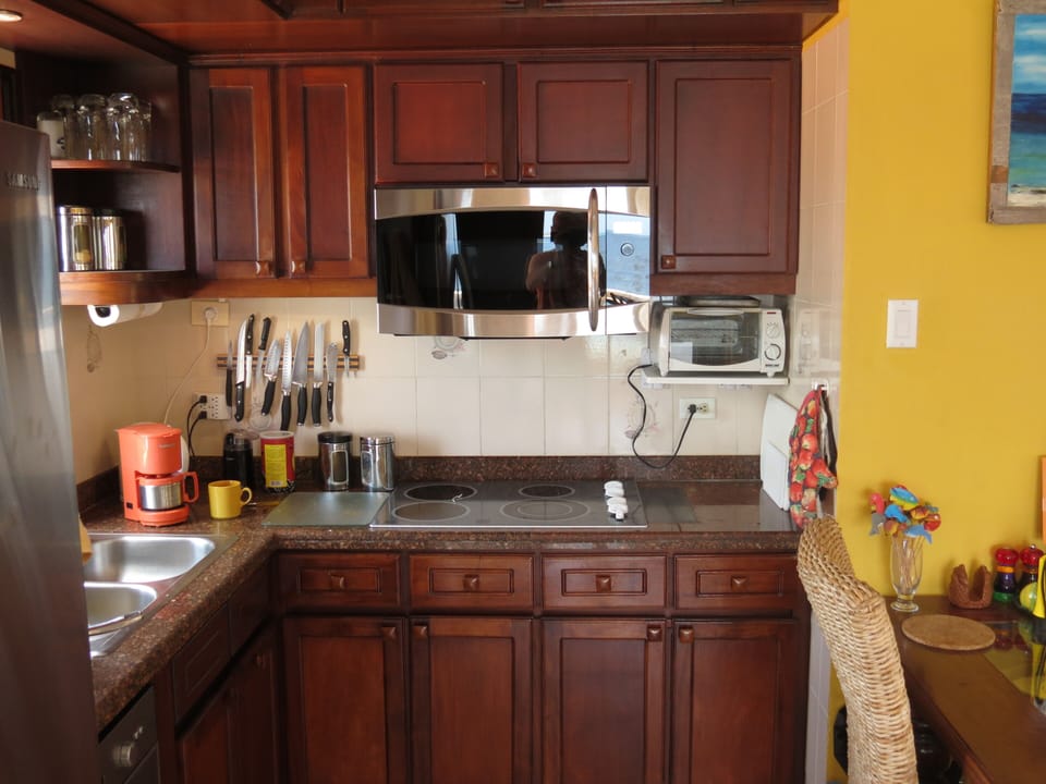  GE combination microwave & oven, toaster and the cooktop. Sink on the left.